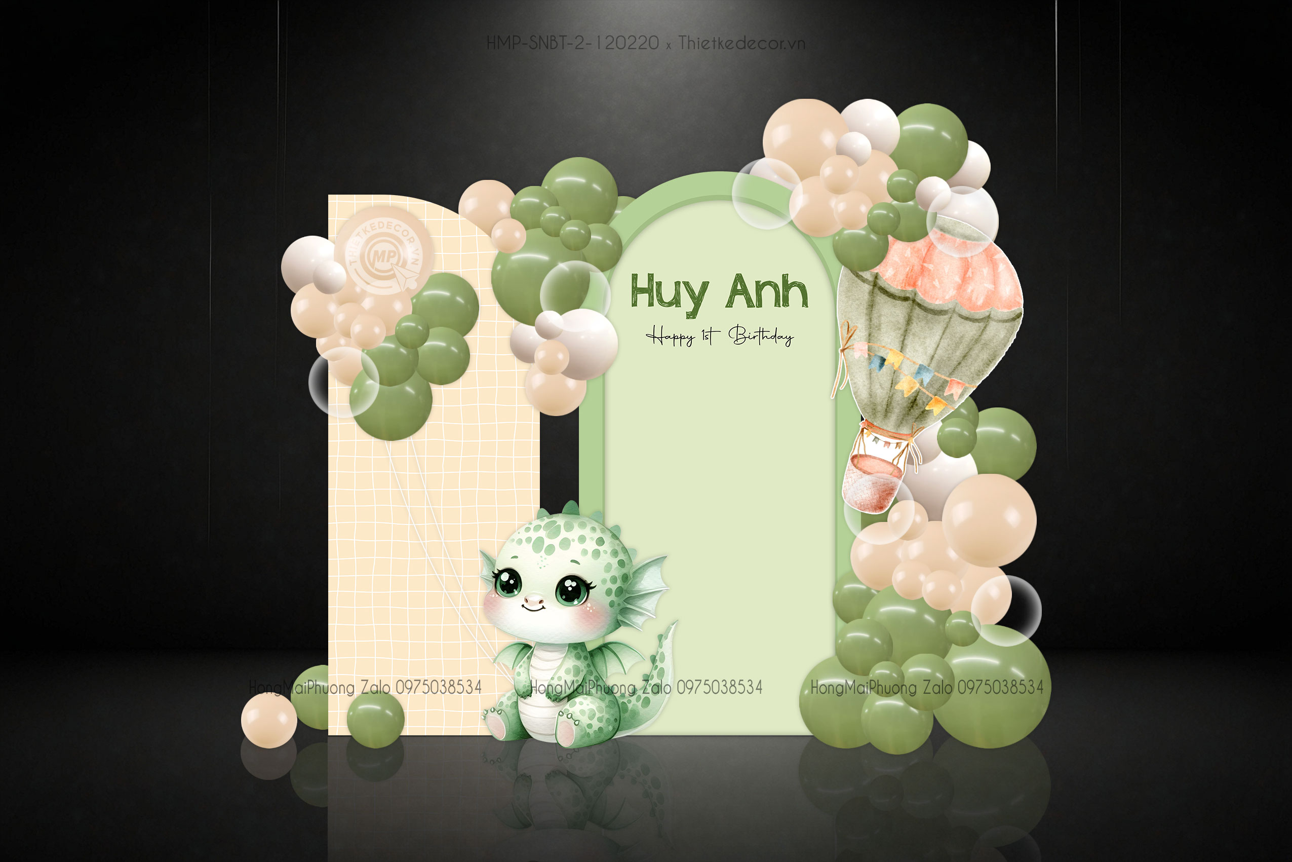 Sinh nhật bé trai tone xanh lá tuổi rồng khinh khí cầu